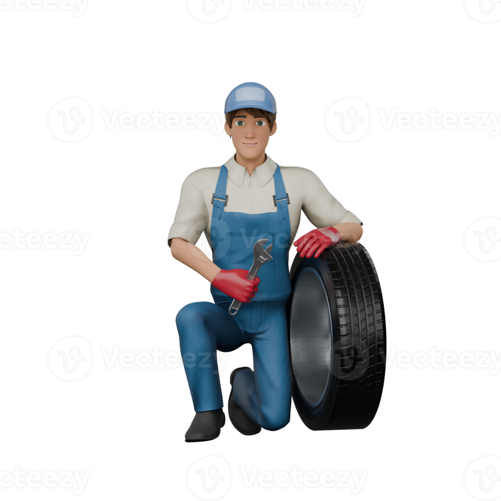 Professional Male in Automotive. A male mechanic kneels next to a car tire, with his right hand holding a wrench and his left hand leaning on the car tire. 3D Mechanic Cartoon png