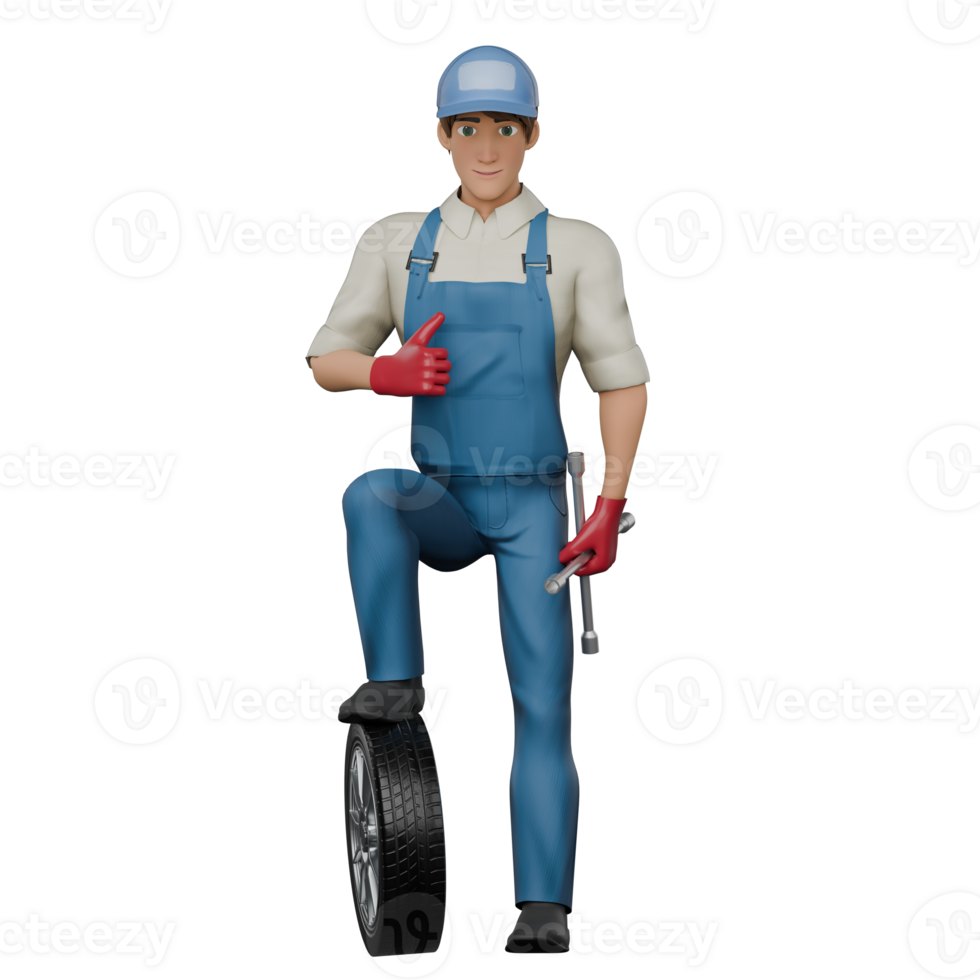 Male Automotive 3D Animation. A male mechanic stands with his right foot stepping on the car tire, then his left hand holds a 4-pole crank and his right hand gives a thumbs up. Mechanic png