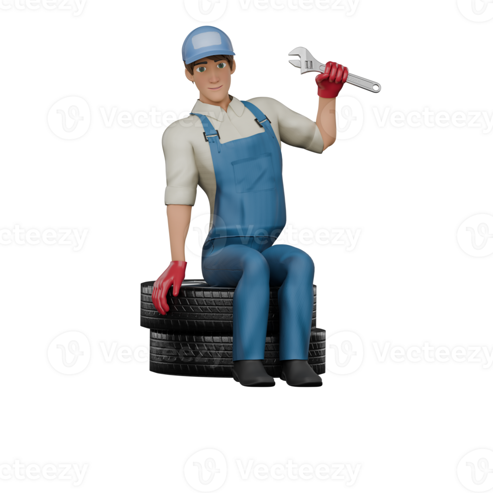 Male Mechanic Cartoon Character. A male mechanic sits between 2 stacks of car tires while his left hand holds an English crank. 3D png