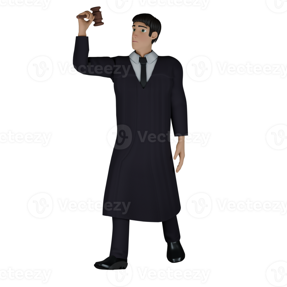 Male Judge Character. A male judge walks with his right hand raised up holding a court hammer. 3D Courtroom Style png