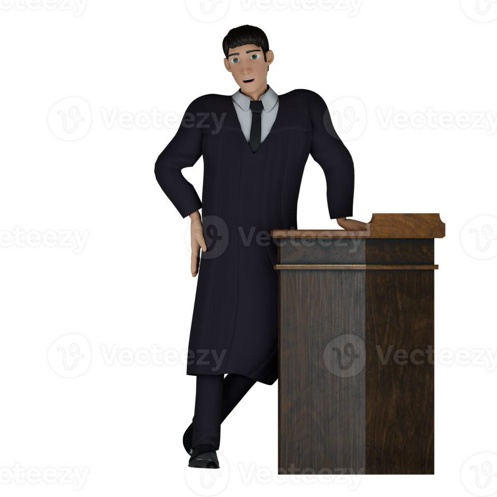 3D Male Judicial Expert. A male judge stands behind a wooden pulpit with his left hand on the wooden pulpit and his right hand on his waist. Illustrated Character png