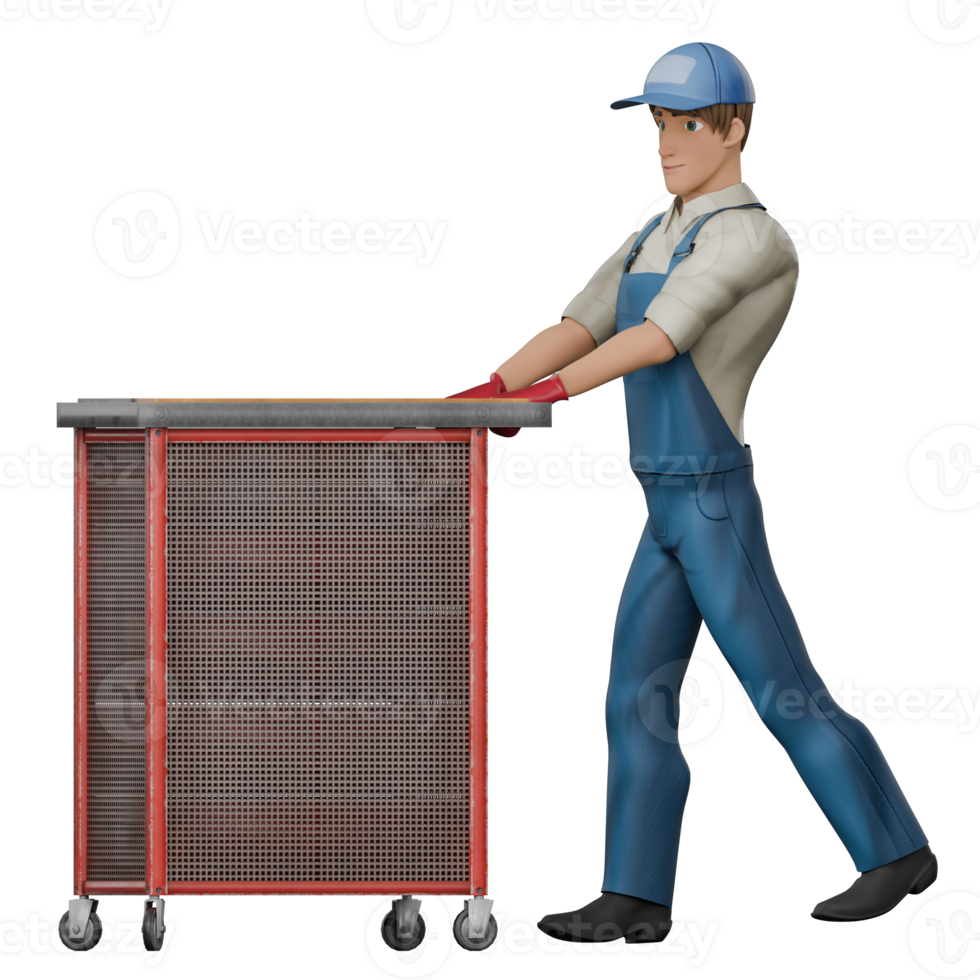 Male Mechanic in Auto Setting. A male mechanic is pushing a tool trolley in a workshop. 3D Character png