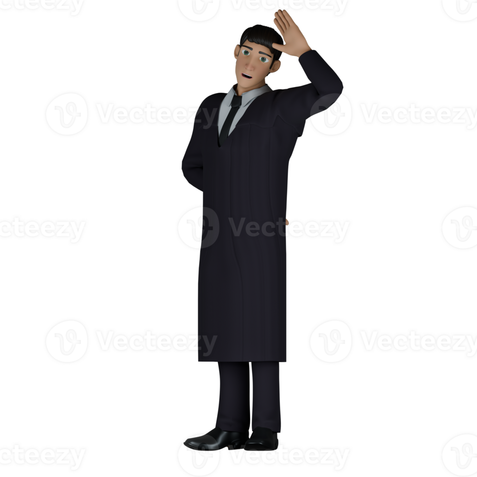 3D Justice Service Provider. A male judge stands with his left hand raised to his head and his right hand behind his body. Cartoon Male Judge png