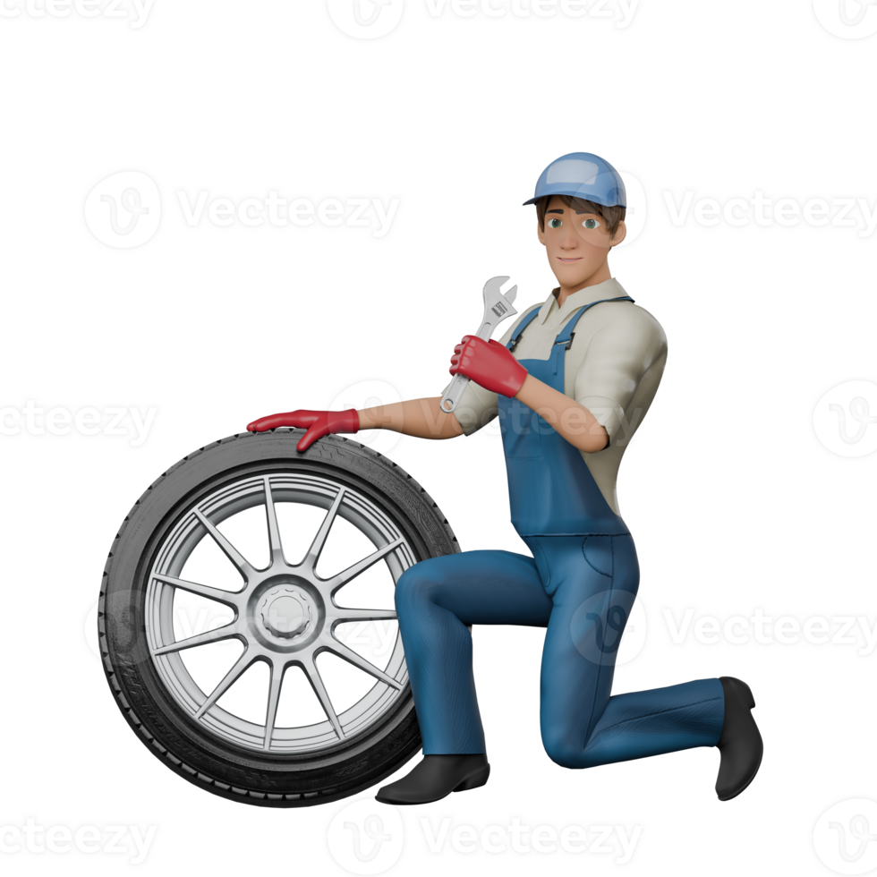 Male Technical Mechanic 3D. A male mechanic is kneeling next to a car tire with a wrench in his left hand while his right hand is on the tire. Professional png