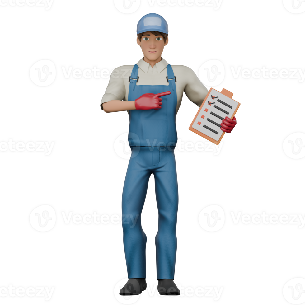 Professional Mechanic in 3D. A male mechanic stands with his left hand holding a checklist while his right hand points at it, as if he wants to explain and give directions. Male png