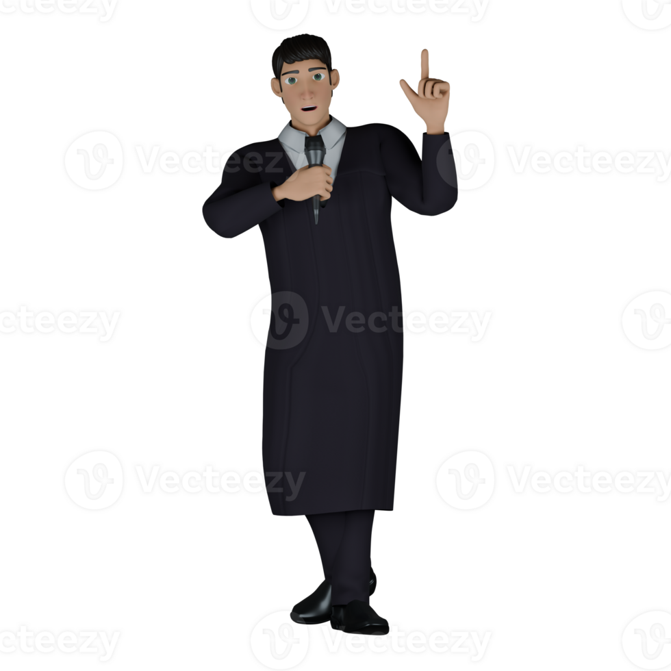 Cartoon .of a Male Judge. A male judge stands holding a microphone in his right hand while his left hand points up. 3D Style png