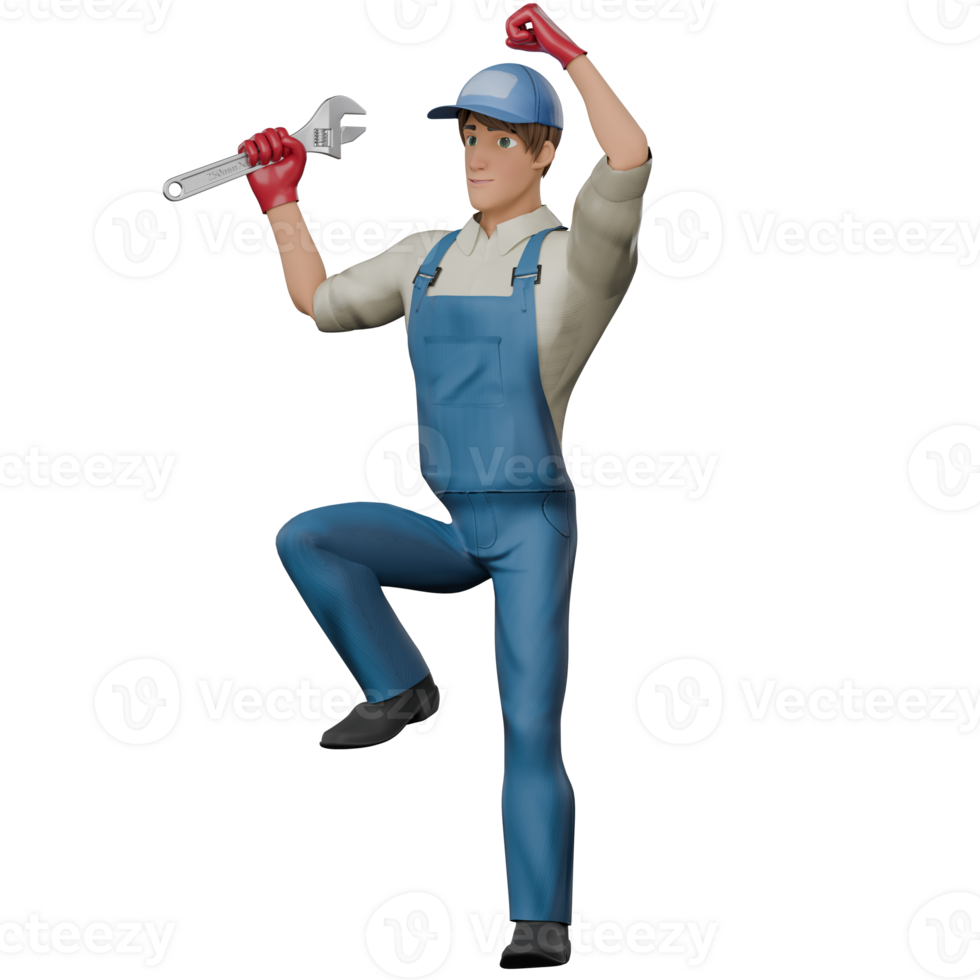 Professional Male Mechanic in 3D Animation. A male mechanic stands with one leg raised and one hand holding a large wrench. Technical png