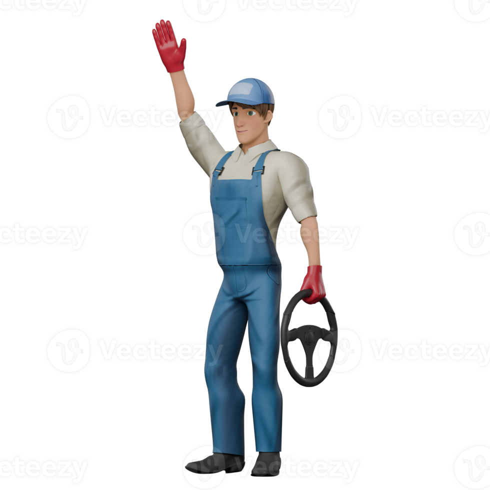 Mechanic in 3D. A male mechanic stands with his right hand raised as if greeting, while his left hand holds the steering wheel. Male Professional png