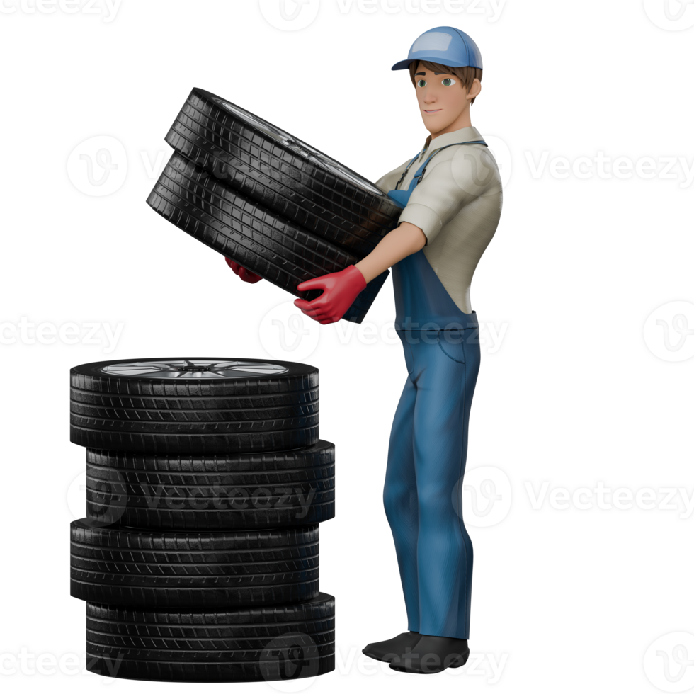 Illustrated Auto Professional. A male mechanic is lifting a pile of car tires to be arranged or moved. 3D Male Mechanic png