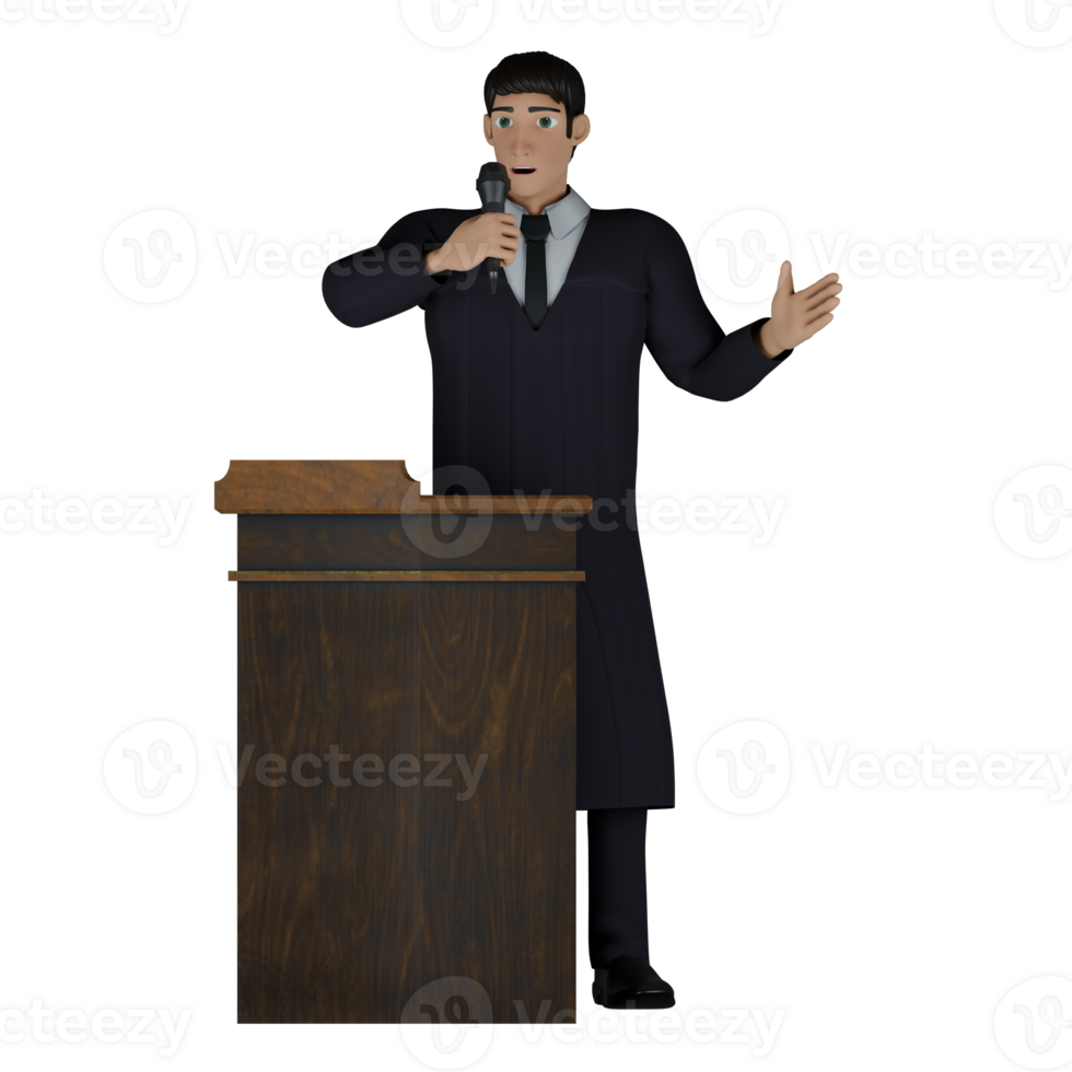 Male Judge in Action. A male judge stands behind a wooden pulpit with his right hand holding a microphone and raising his left hand with his palm facing forward as if explaining something. png