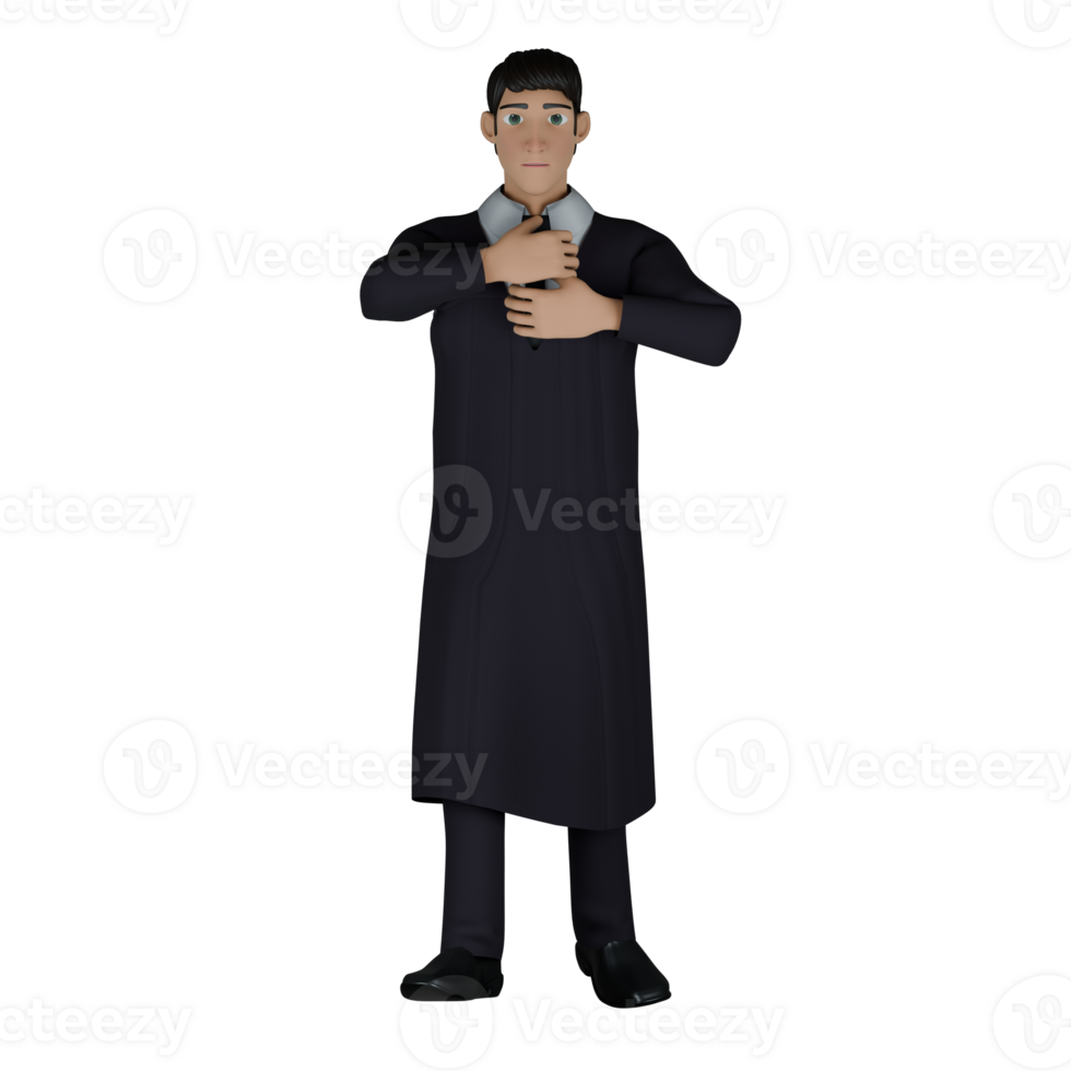 Cartoon Male Judge. A male judge stands with both hands holding a tie. 3D Judicial Professional png