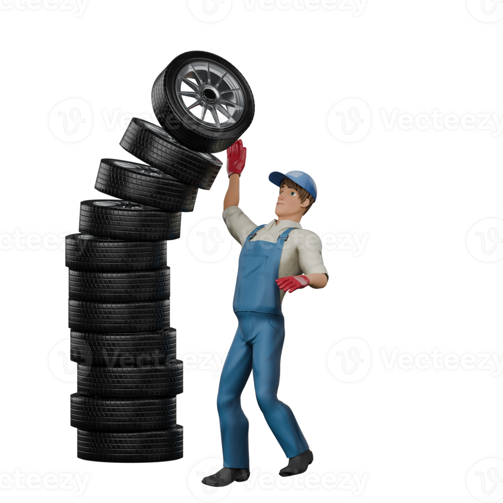 Animated Professional Mechanic. A male mechanic is adjusting or balancing a pile of car tires that are about to fall. 3D Male png