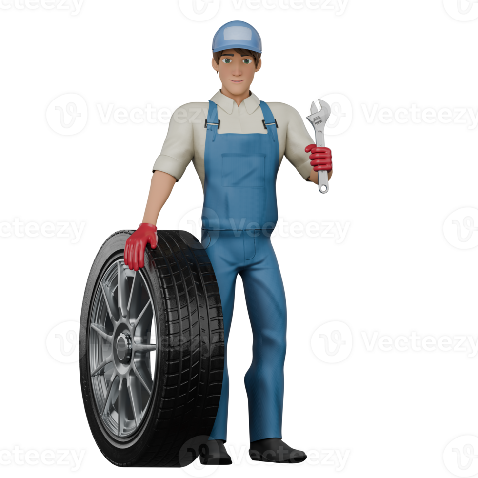 3D Cartoon of Male Mechanic. A male mechanic stands with his right hand holding a car tire and his left hand holding an English crank. Professional png