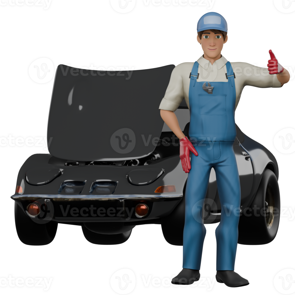 Professional 3D Mechanic. A male mechanic is standing in front of a car with the engine tap open while his left hand is pointing his thumb and his right hand is on his waist. Male Auto Expert png