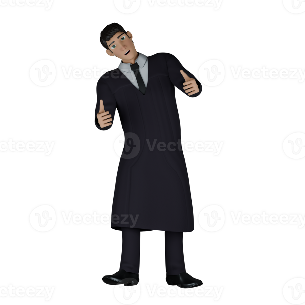 3D Legal Expert Judge. A male judge stands with his body slightly tilted and both hands pointing thumbs up. Cartoon Male Jurist png
