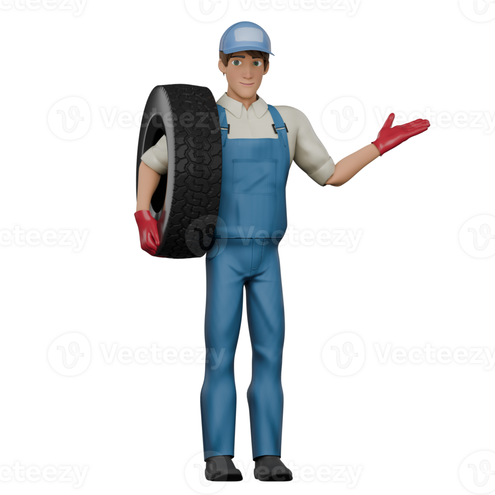 Automotive Service Provider 3D. A male mechanic stands holding a car tire on his right shoulder and his left hand is raised with his palm open upwards, as if he is giving an explanation. png