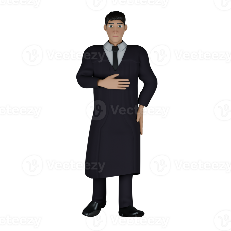 3D Model of Cartoon Judge. A male judge stands with his right hand on his stomach while his left hand is on his waist. Courtroom Authority png