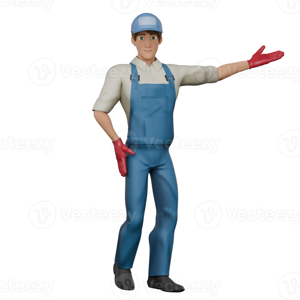 Technical Mechanic Professional in 3D. A male mechanic stands with his left hand straightened with his palm facing upwards, as if greeting a customer while his right hand is on his waist. Male png
