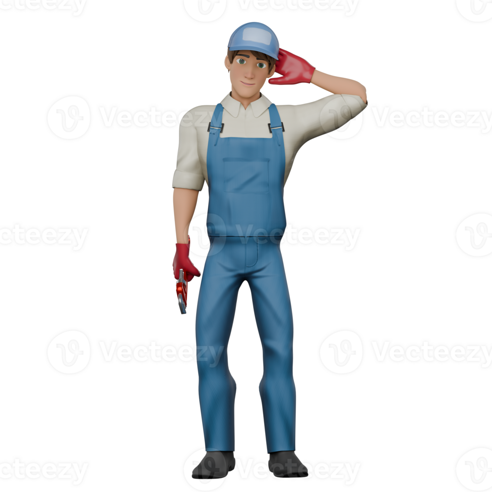3D Male Mechanic in Professional Role. A male mechanic stands with his left hand rubbing the back of his head while his right hand carries a crank, as if he is confused about the work. Technical png