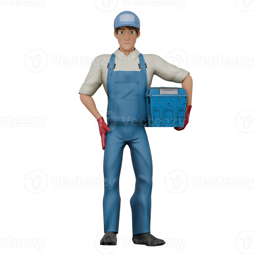 3D Model of Professional Male Mechanic. A male mechanic stands with his left hand carrying a large blue toolbox and his right hand on his waist. Cartoon png