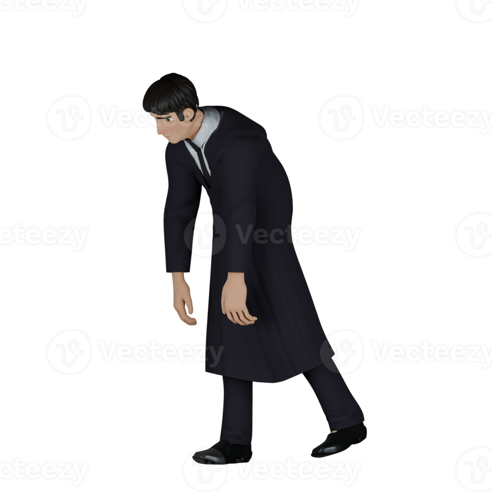 Male Judge Cartoon in 3D. A male judge walks with his body bent as if he is not enthusiastic or tired. Legal Scene png
