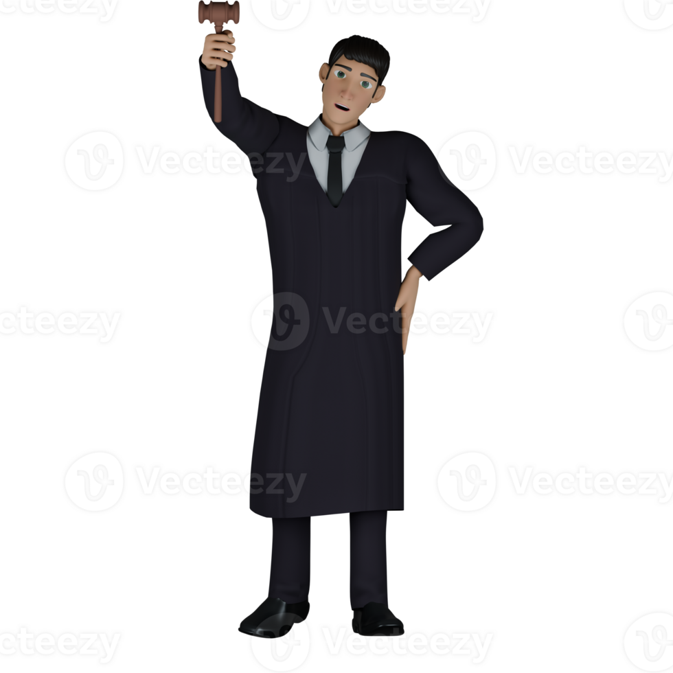 3D Legal Character. A male judge stands holding a court hammer in his right hand while his left hand is on his his left hand is on his waist. Male Judge png