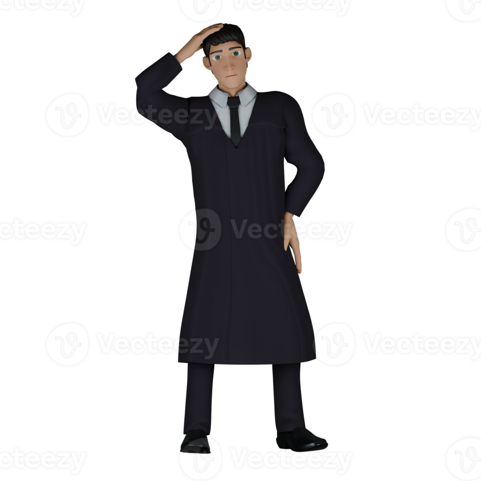 Professional Judge 3D Cartoon. A male judge stands with his right hand above his head while his left hand is on his waist. Male Legal Expert png