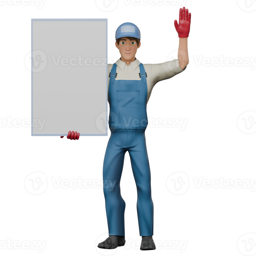Technical . A male mechanic stands holding a white board in his right hand while his left hand is raised up with an open palm facing forward, as if greeting. 3D Male Mechanic png