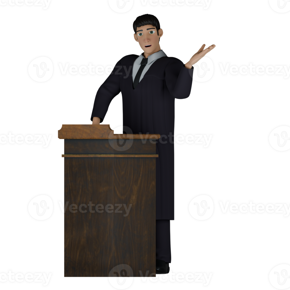 3D Cartoon Court Judge. A male judge stands behind a wooden pulpit with his left hand raised up and his right hand on the wooden pulpit, as if explaining something or giving a presentation. png