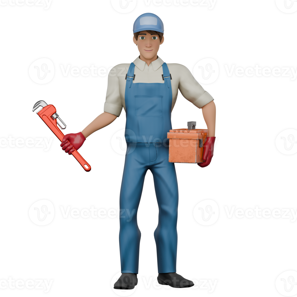 3D Mechanic Male in Professional Setting. A male mechanic stands with his left hand carrying a tool box while his right hand holds a wrench. Cartoon png