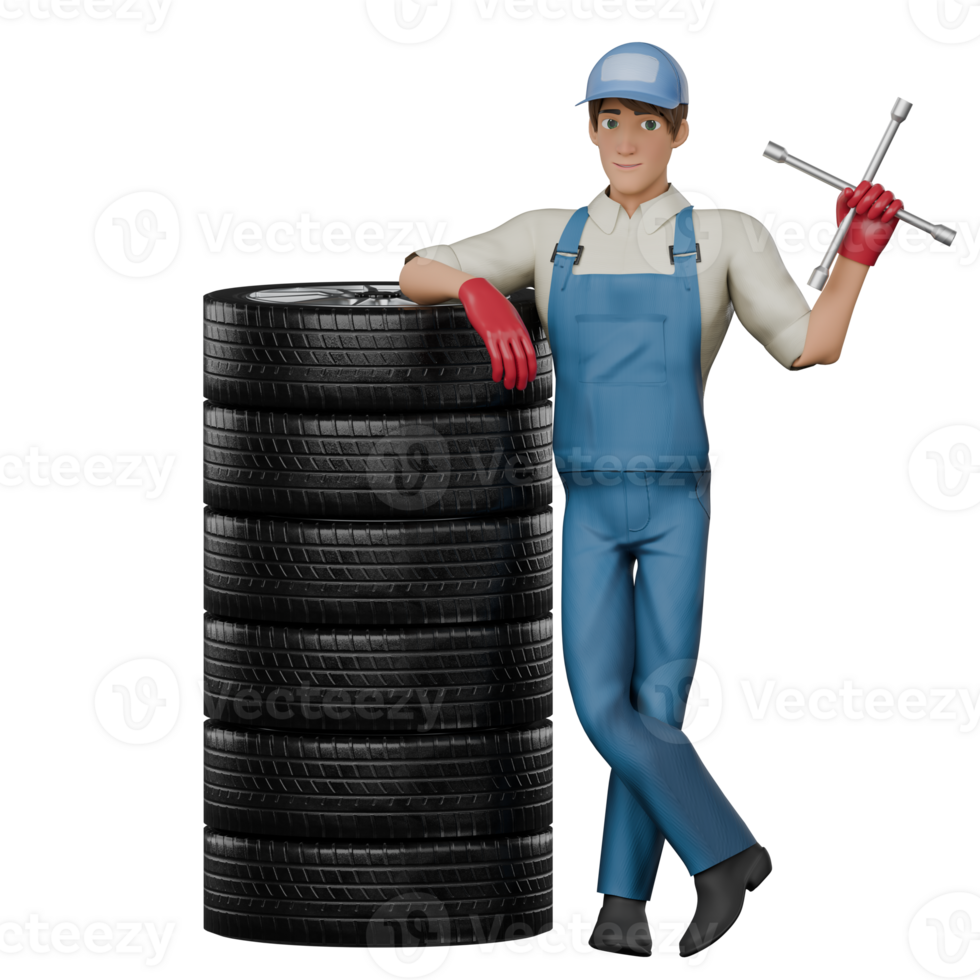 3D Male Mechanic in Garage. A male mechanic is standing leaning on a pile of tires with his right hand placed on the tire while his left hand is holding a 4-pole crank. Professional Character png