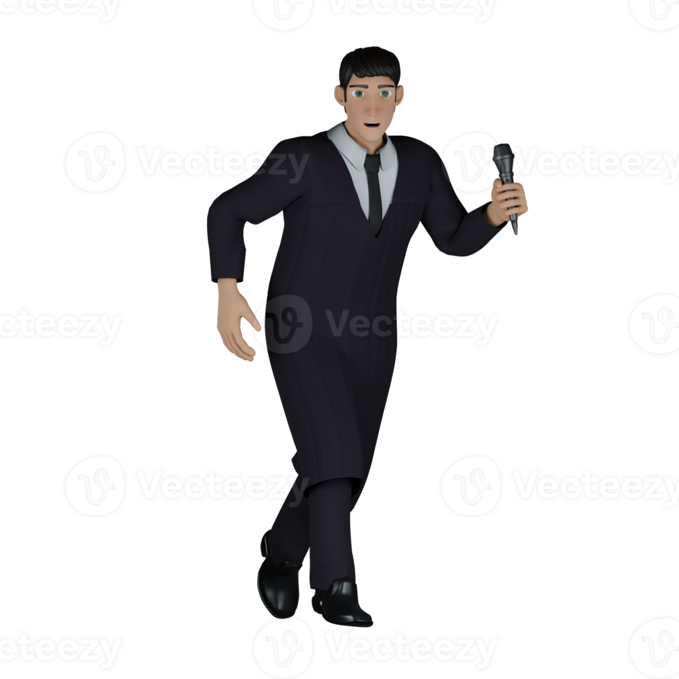 3D Professional Judge Character. A male judge stands with his legs crossed while holding a microphone in his left hand. Male Jurist png