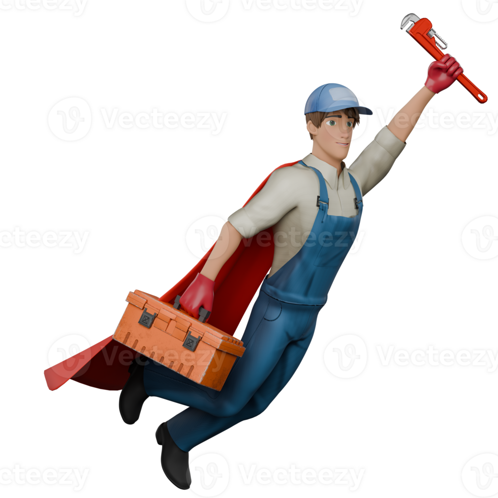 Male Mechanic in Technical 3D. A male mechanic looks like he is flying like a superhero. In his left hand he holds an orange toolbox, while his right hand points a large pipe wrench upwards. png