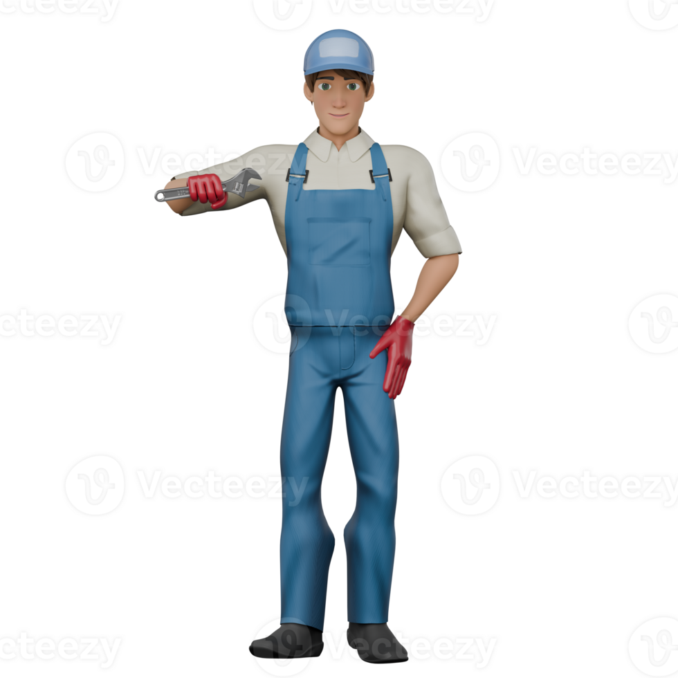 Cartoon Style Auto Technician. A male mechanic stands with his right hand holding a wrench and his left hand on his waist. 3D Male Mechanic png