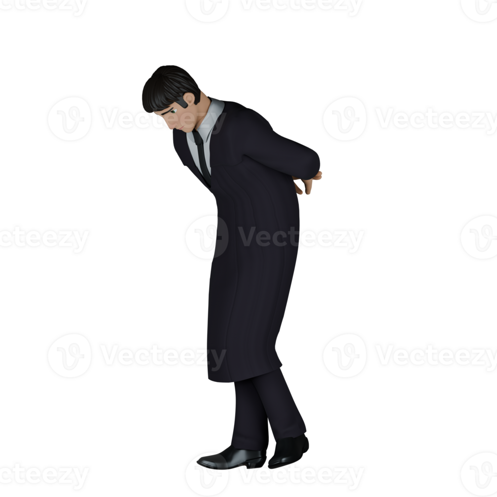 3D Cartoon Judge Character. A male judge is walking while bending his body with both hands behind his body and his head down, as if he is looking for something. Judicial Model png