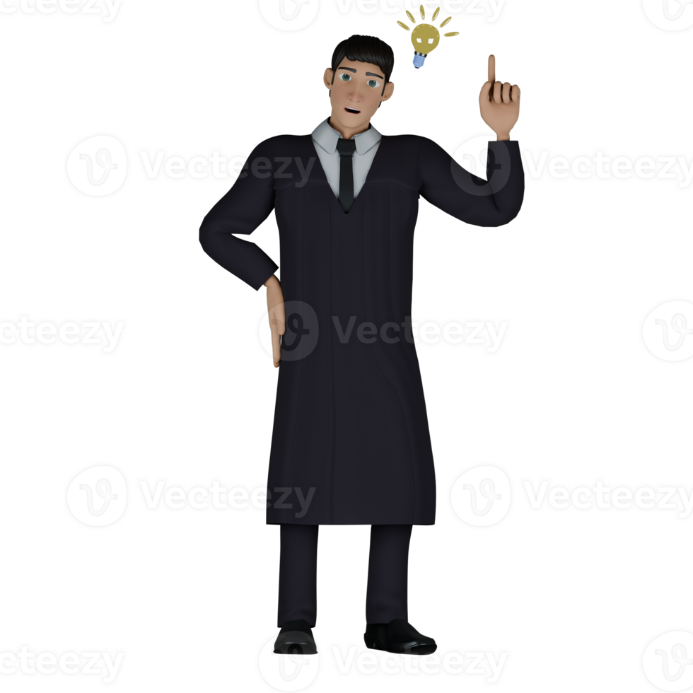 Animated Male Judge. A male judge stands with his left hand raising his index finger up as if he has an idea. 3D Judicial Professional png