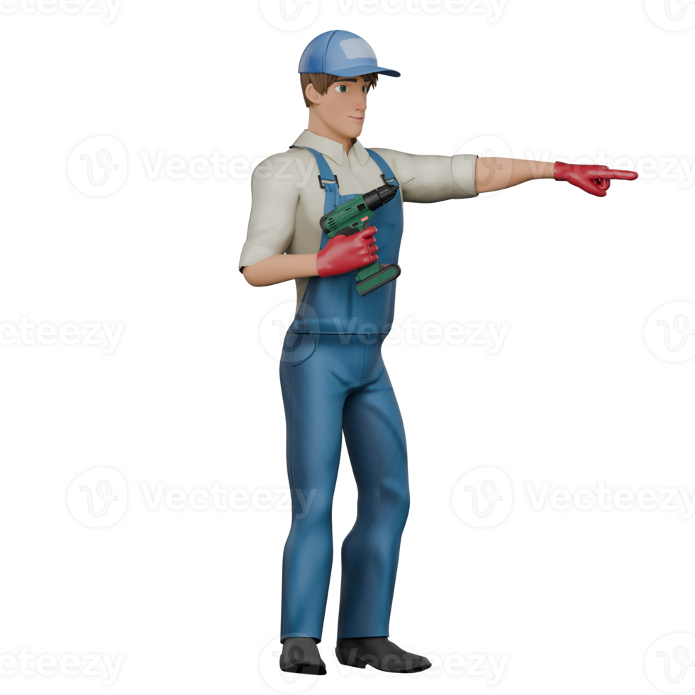 3D Male Mechanic Character in Action. A male mechanic stands with his right hand holding an impact and his left hand pointing forward, as if giving directions. Professional png