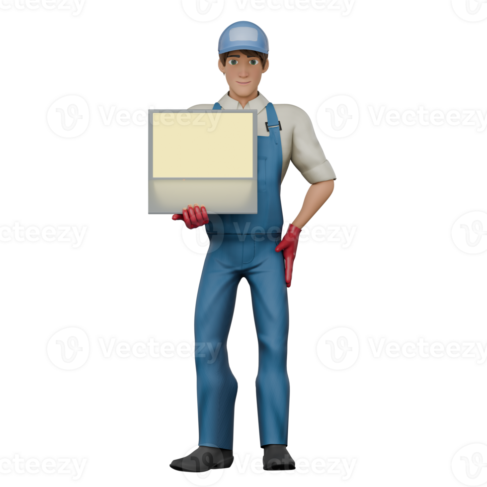 3D Illustrative Male Mechanic. A male mechanic stands with his right hand pointing the laptop forward and his left hand on his waist. Automotive Professional png