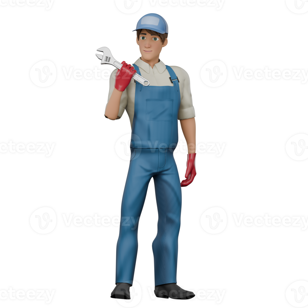 Male Mechanic Professional Character. A male mechanic stands holding an English crank while both his eyes look at the crank, as if he is about to start repairs. png