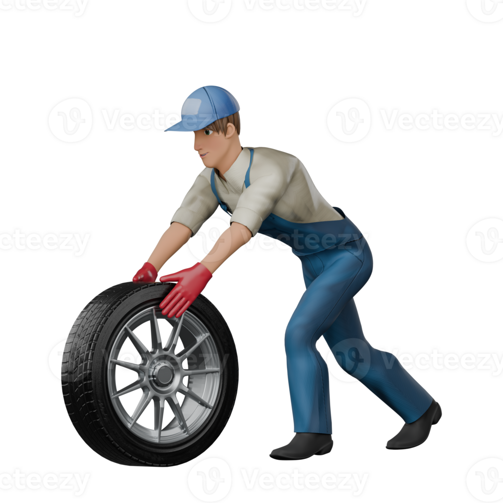 3D Automotive Character. A male mechanic walks pushing a car tire with both his hands. Male Mechanic png