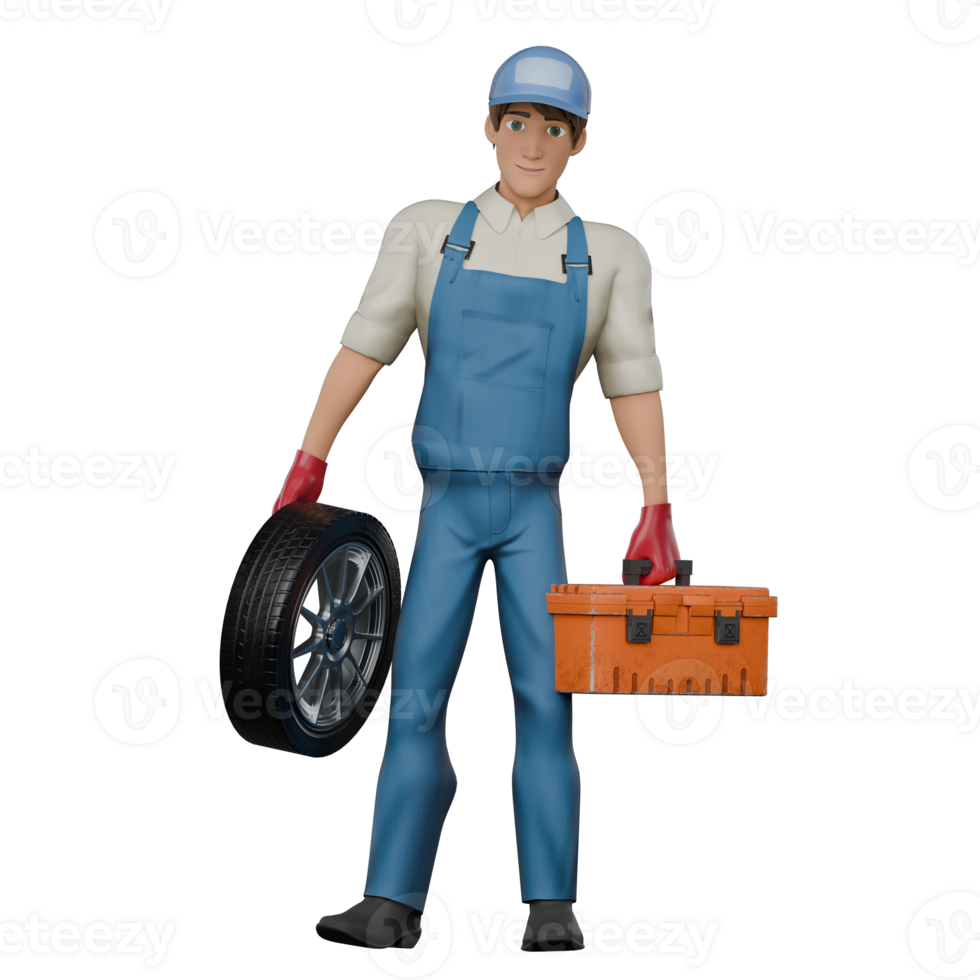 3D Automotive Practitioner. A male mechanic is standing with his right hand carrying a car tire while his left hand is carrying a toolbox. Male Mechanic png