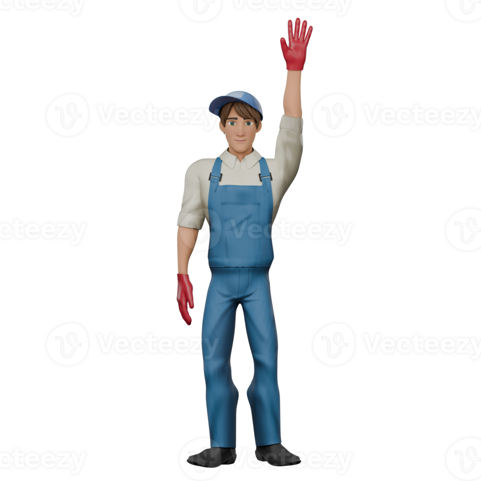 of an Auto Expert. A male mechanic stands with his left hand raised high. Male Mechanic png