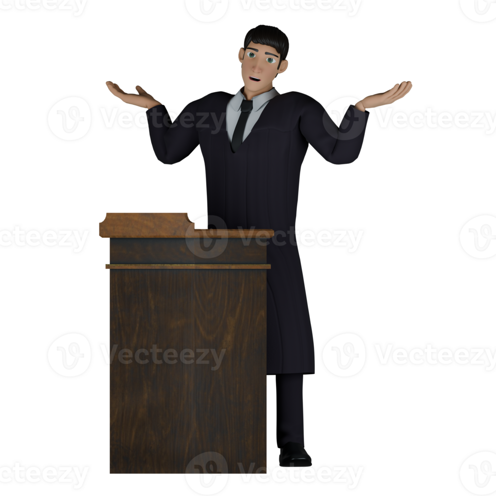 Professional Legal Judge Character. A male judge stands behind a wooden pulpit with both hands raised with palms facing up. 3D Male Model png