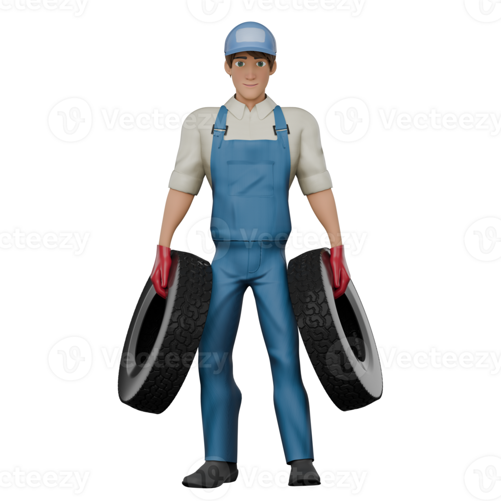 Cartoon Professional Mechanic. A male mechanic stands with each hand carrying a car tire. 3D Male png