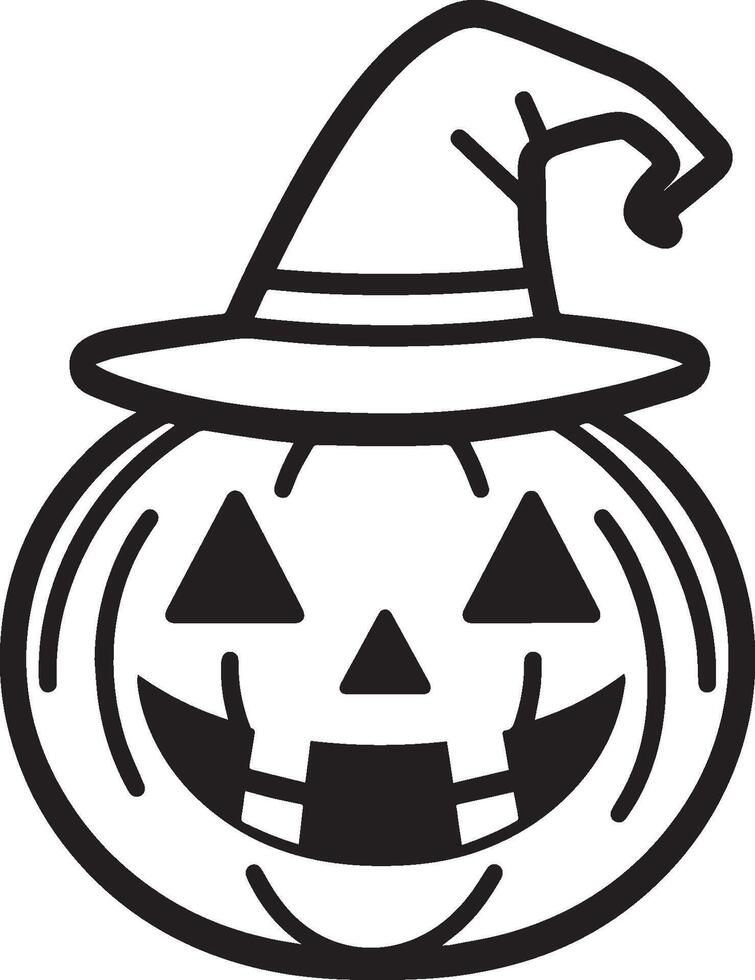 Jack o lantern with witch hat linear black vector