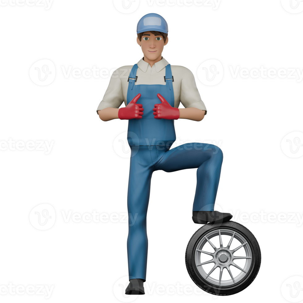 Professional Male Mechanic. A male mechanic is standing next to a car tire with his left foot on the tire and both hands are pointing their thumbs in front of his chest. 3D Automotive png