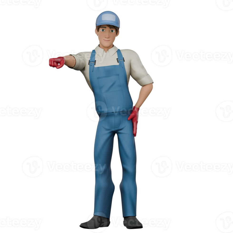3D Male Mechanic. A male mechanic stands with his right hand pointing straight ahead while his left hand is on his waist. Professional png