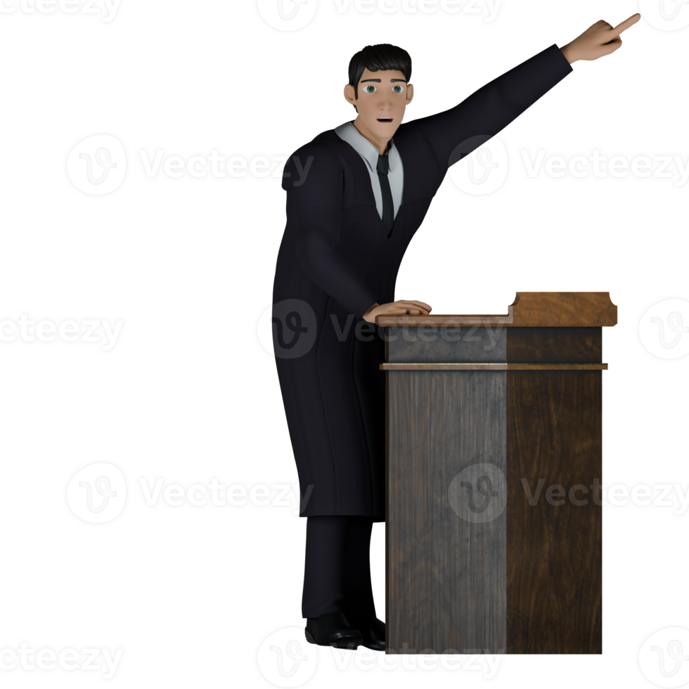 Courtroom Leader in 3D. A male judge stands behind a wooden pulpit with his left hand pointing in a certain direction and his right hand on the wooden pulpit. Cartoon Judge png