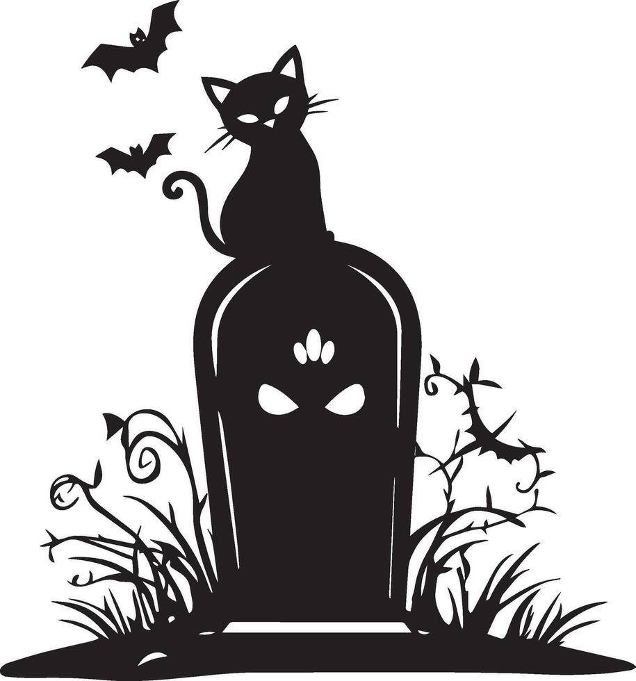 Tombstone with cat Halloween linear black vector