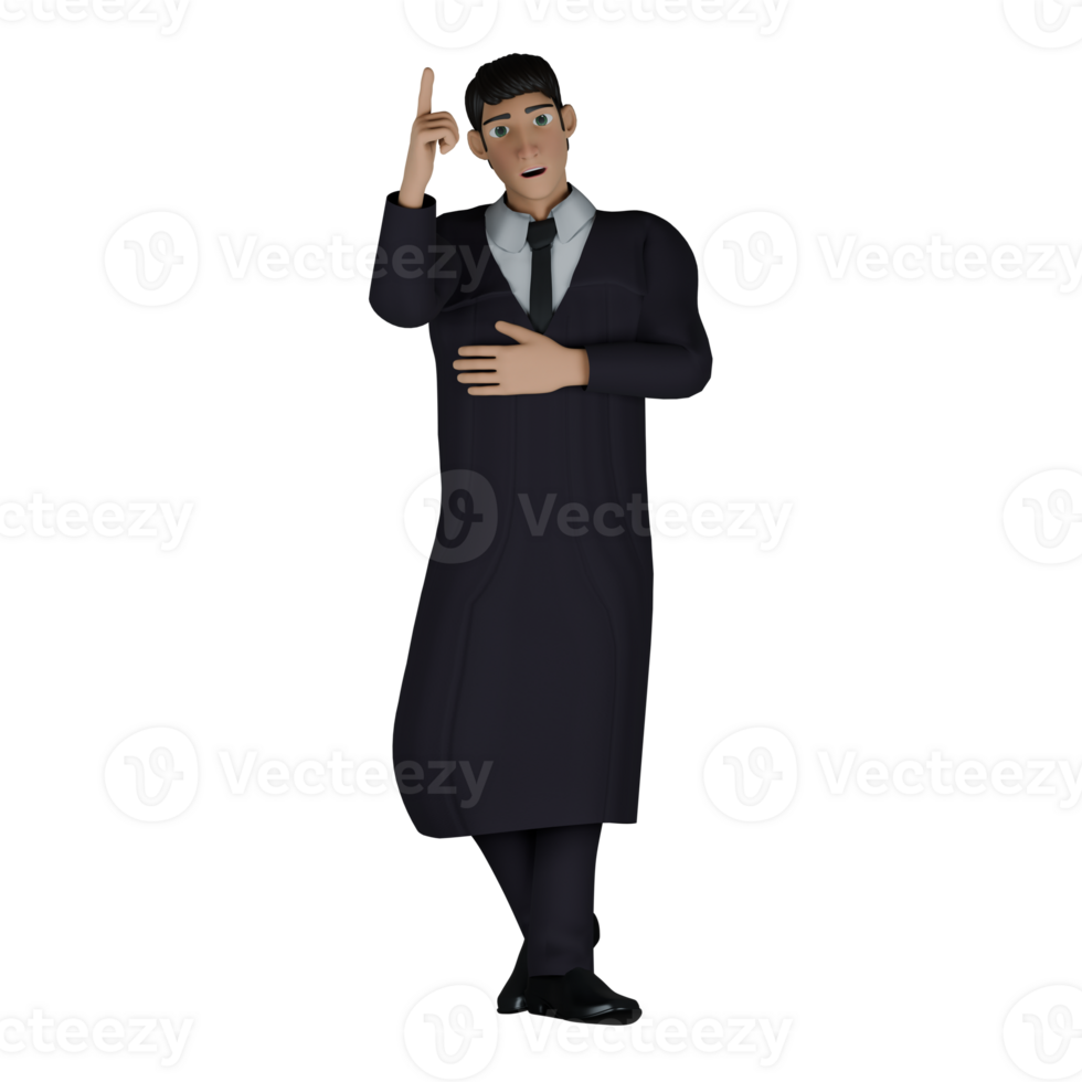 of a Professional Judge. A male judge stands with his left hand on his chest while the right hand points up. 3D Male png